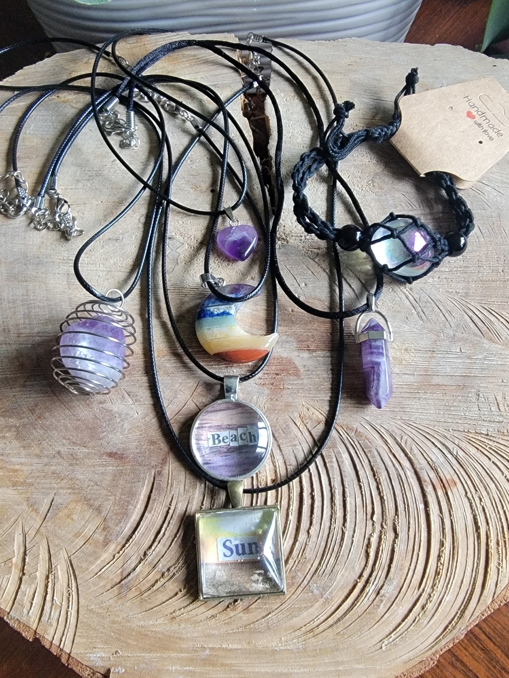 Handcrafted Amethyst and Mixed-Stone Pendant Necklaces & Macrame Bracelet